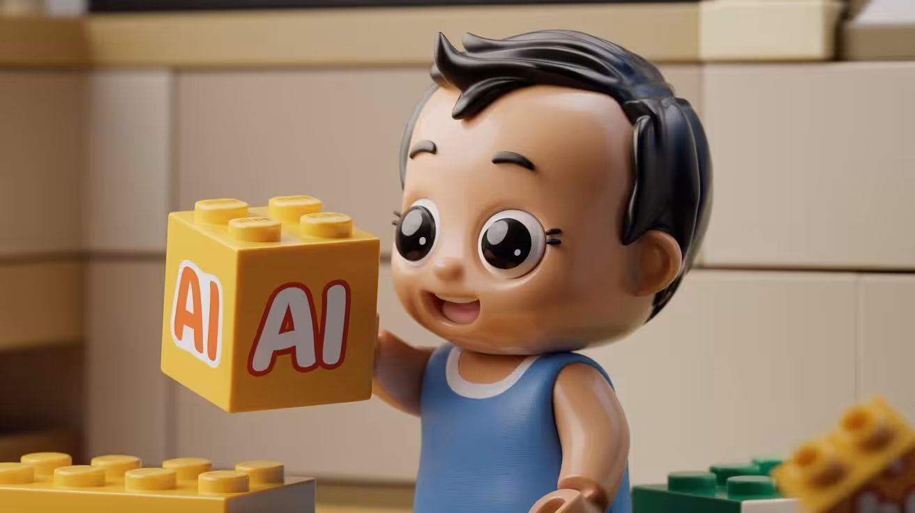 AI-genereret billede af en baby med en LEGO-klods med AI på