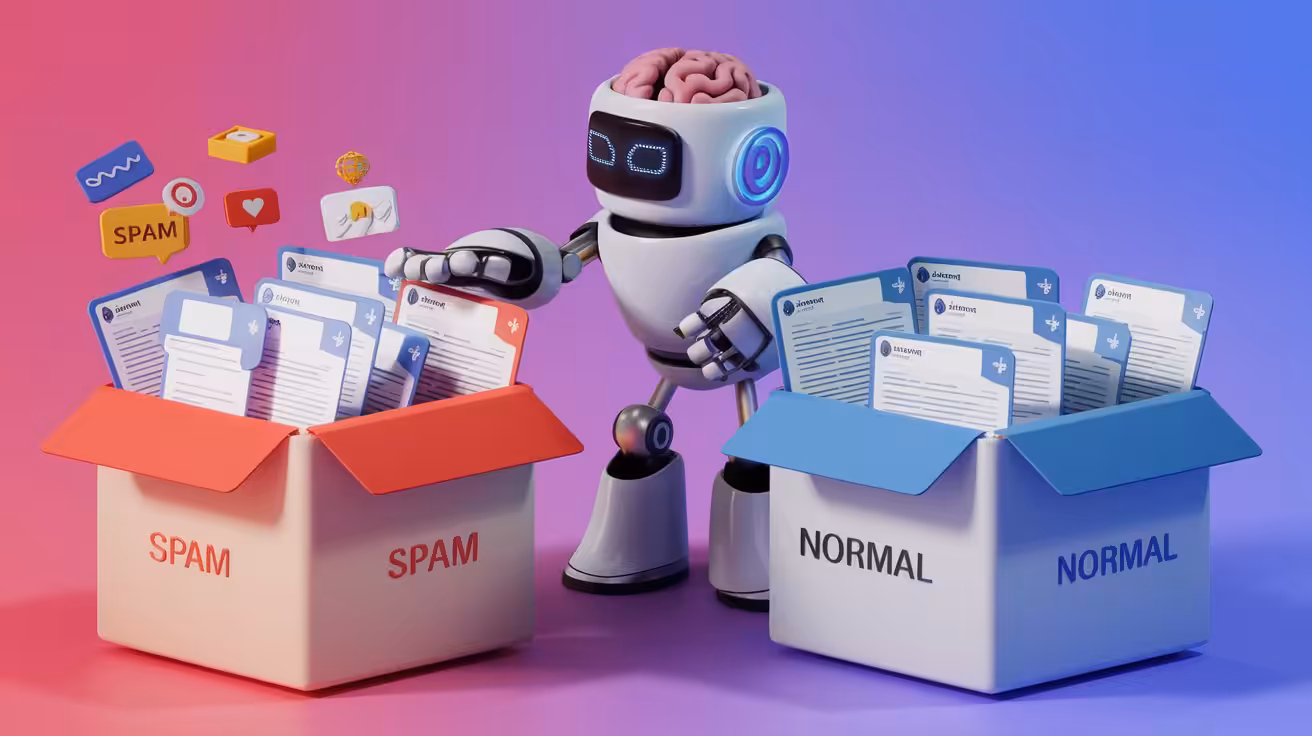 AI-genereret illustration af en robot, der sorterer e-mails i spam og normal
