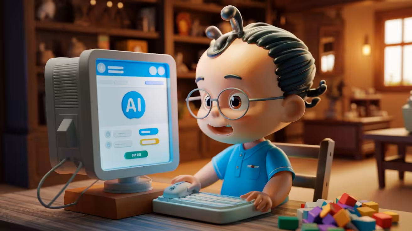 AI-genereret billede af et barn ved en computer med AI på skærmen