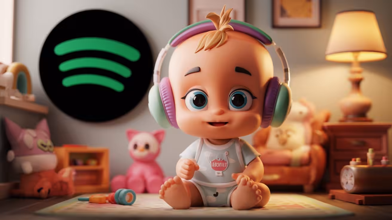 AI-genereret billede af en baby med høretelefoner og Spotify-logoet