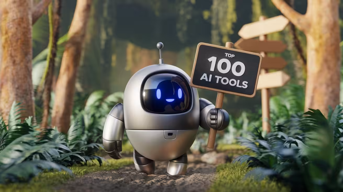 AI-genereret illustration af en robot ved et skilt med 100 AI-værktøjer