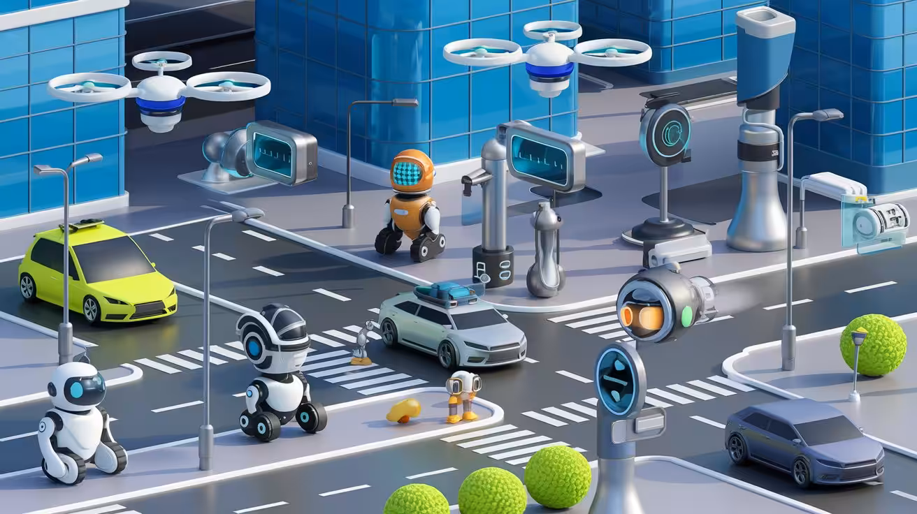 AI-genereret illustration af en by med droner, selvkørende biler og robotter