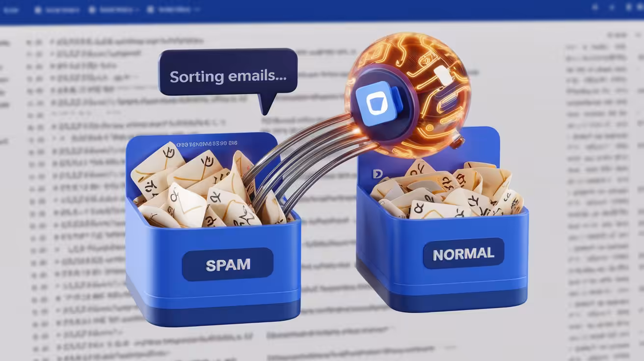 Illustration af et AI-værktøj, der sorterer e-mails i spam og normal