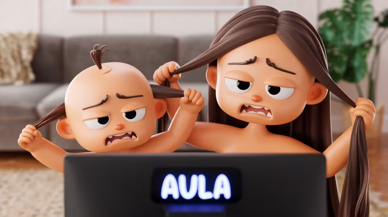 AI-genereret billede af to trætte børn foran Aula på computeren