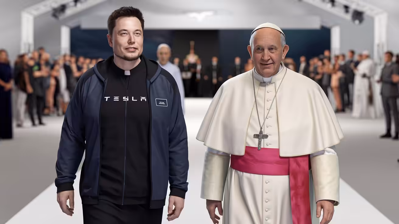 Falsk AI-genereret billede af Elon Musk og paven til et modeshow