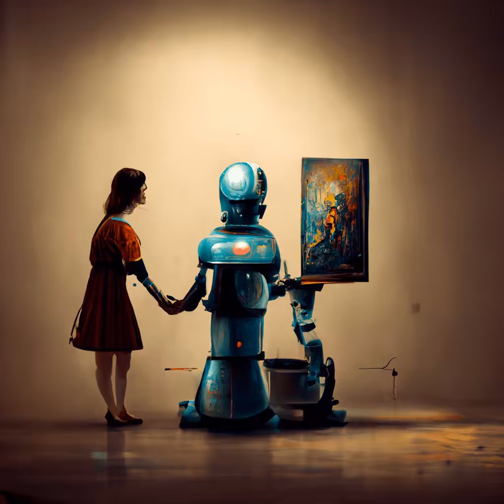 En pige og en robot, der holder hinanden i hånden foran et maleri, som billede på generativ AI