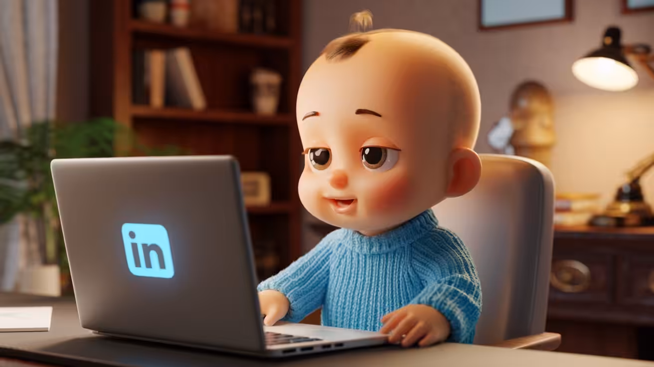AI-genereret billede af en baby ved en computer med LinkedIn på skærmen