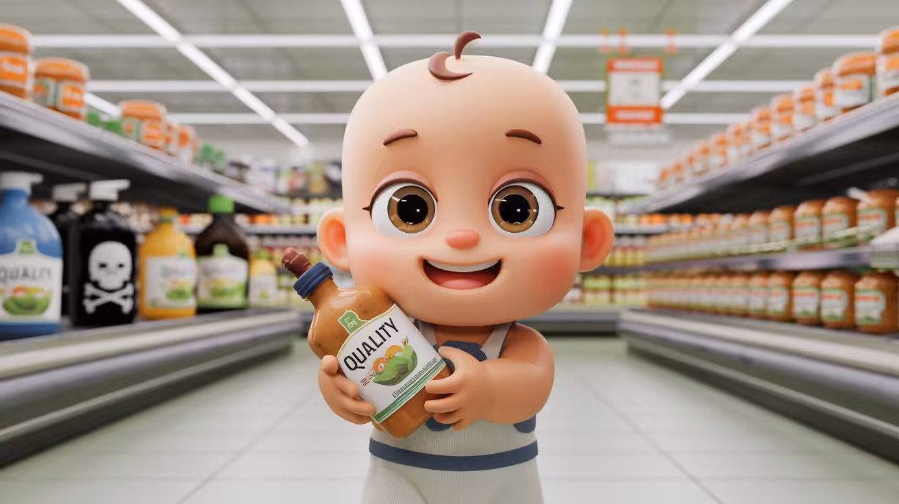 AI-genereret billede af en baby i et supermarked med et produkt i hånden