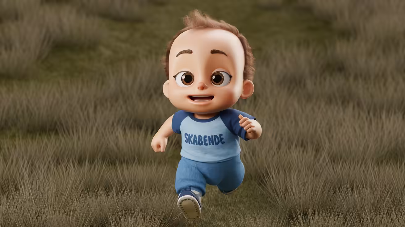 AI-genereret billede af en baby, der løber på en mark