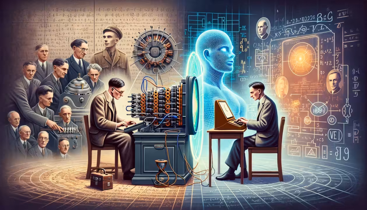 Illustration af Turing-testen, hvor et menneske og en AI sidder ved hver sin computer